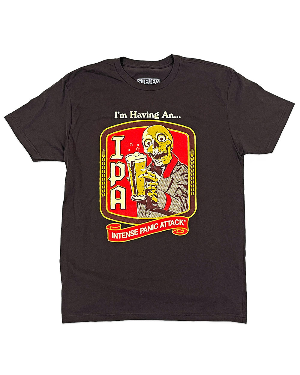 Dark unisex T-shirt with colorful skull IPA graphic and 'Intense Panic Attack' text