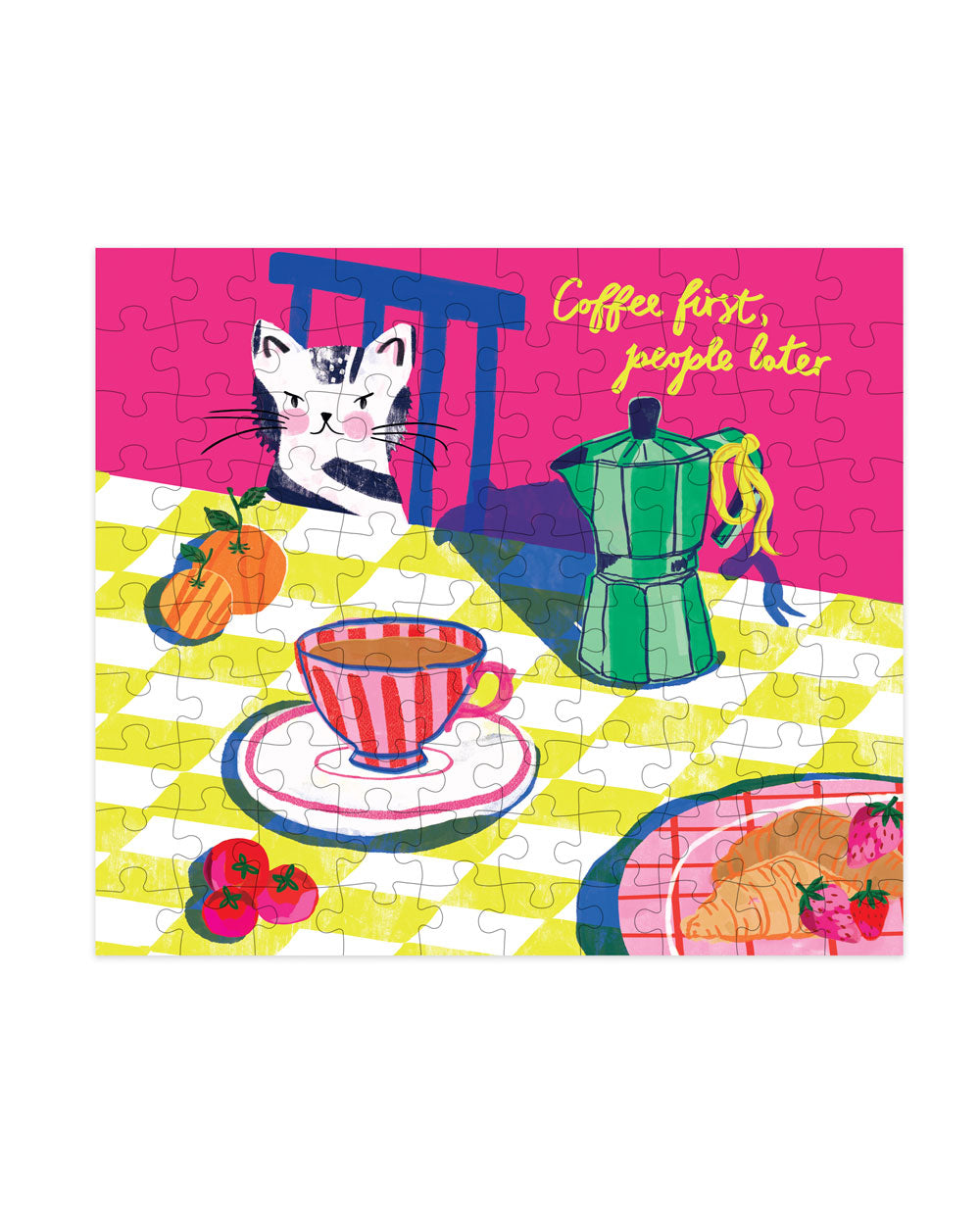 Coffee First People Later mini jigsaw puzzle artwork with cat and coffee cup.