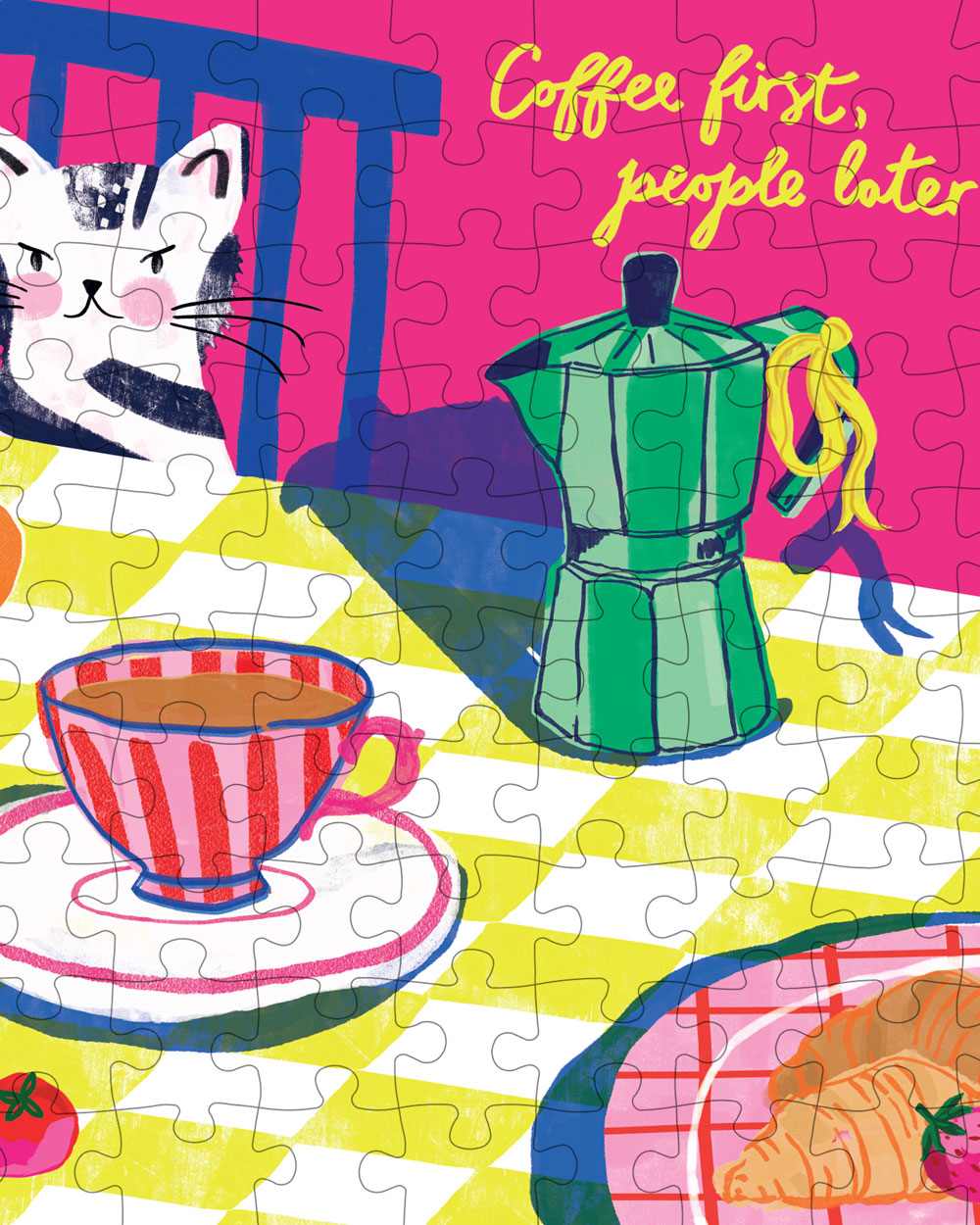 Coffee-themed mini jigsaw puzzle close-up with cat, coffee pot, and cups.