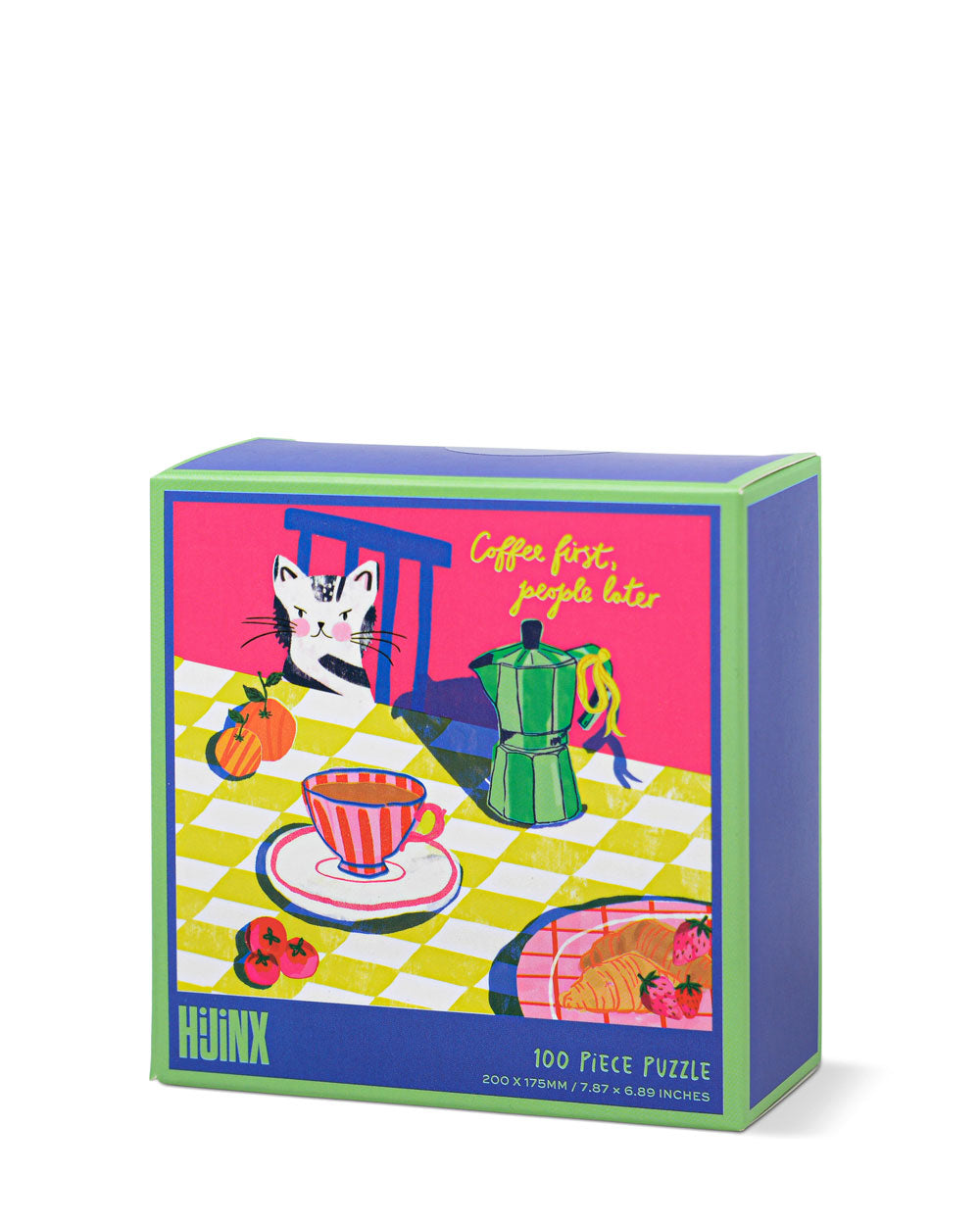Mini jigsaw puzzle in box, cat and coffee themed artwork, 100 pieces.