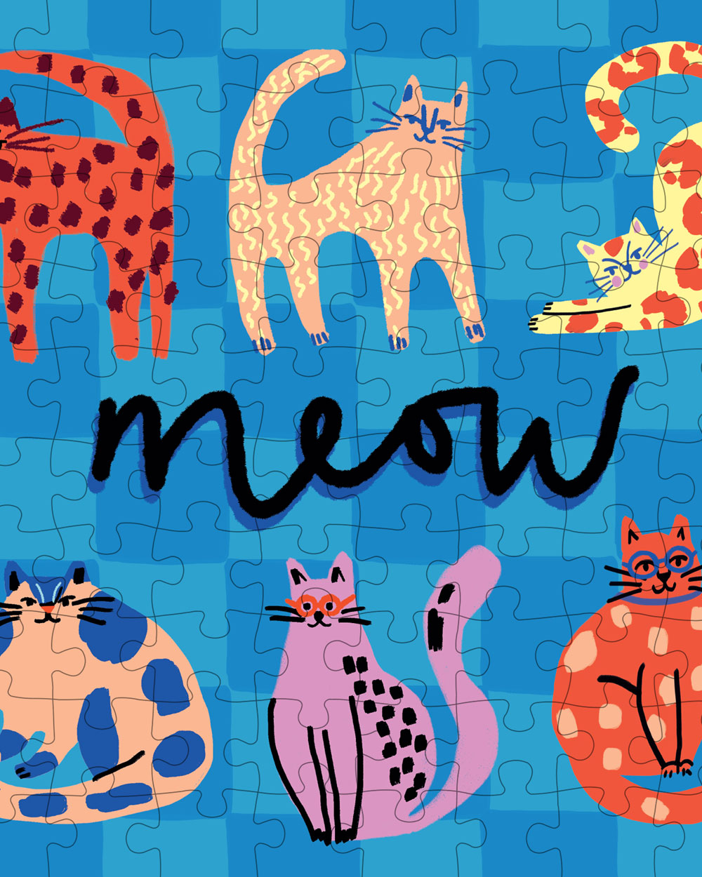 Mini jigsaw puzzle close-up with cats, 'meow' script, and interlocking pieces