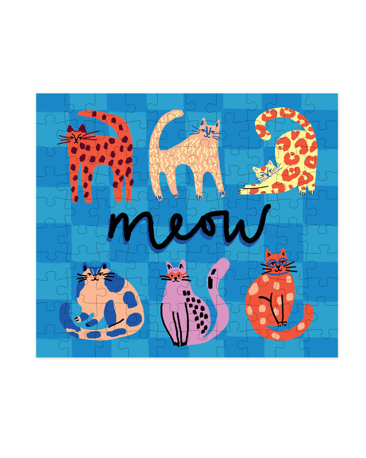 Mini jigsaw puzzle with five colorful cats and 'meow' lettering
