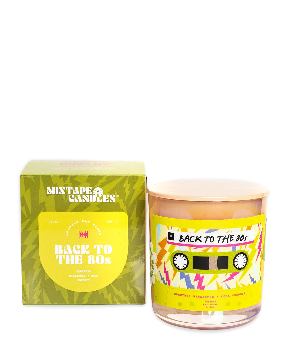 Scented candle jar and box with yellow 'Back To The 80s' retro label
