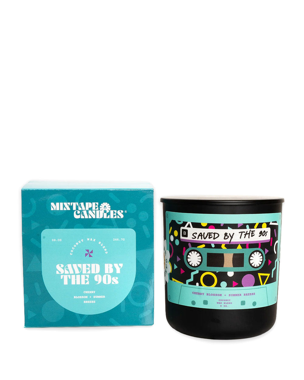 Save By The 90s candle in black jar with cassette-style label, with branded gift box