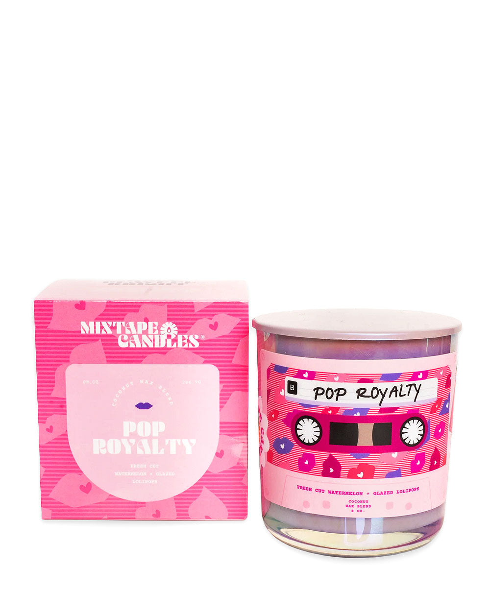Pink candle jar with cassette-style label and matching box