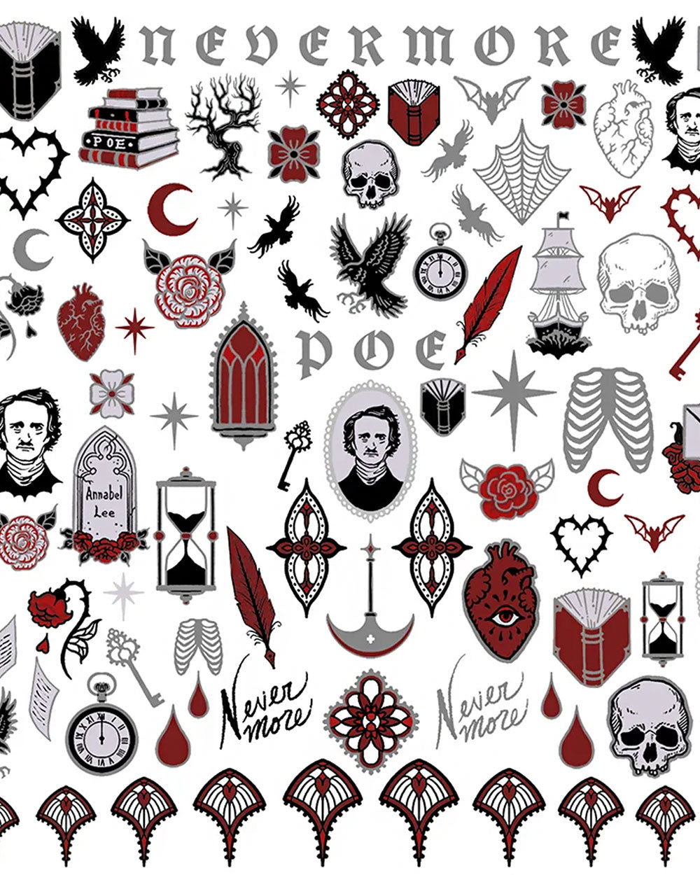 Edgar Allen Poe nail art stickers sheet with gothic icons and red accents, 406 count