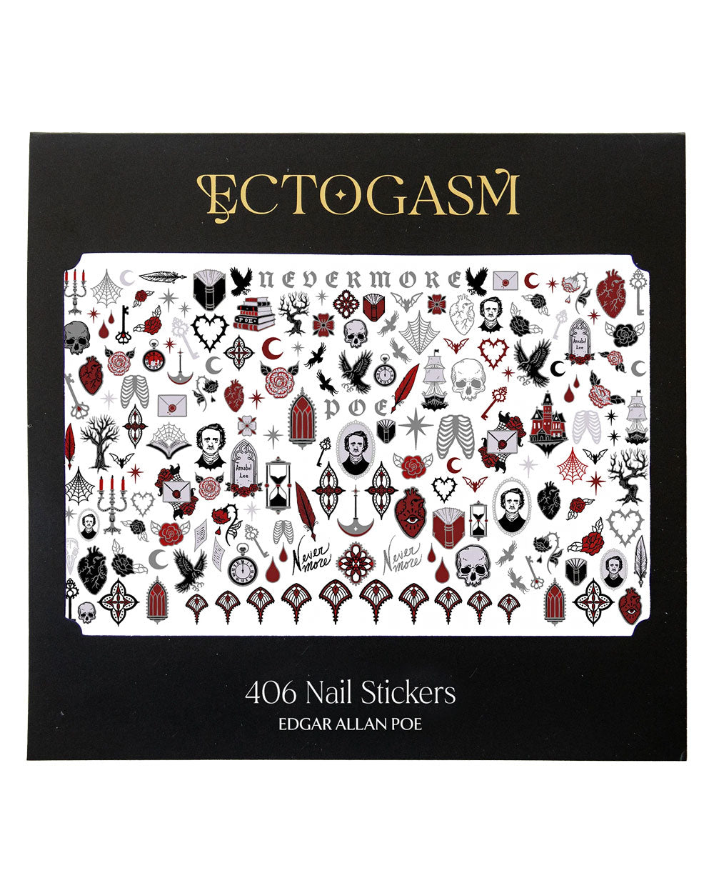 Edgar Allen Poe nail stickers box front with gothic symbols, 406 nail stickers text