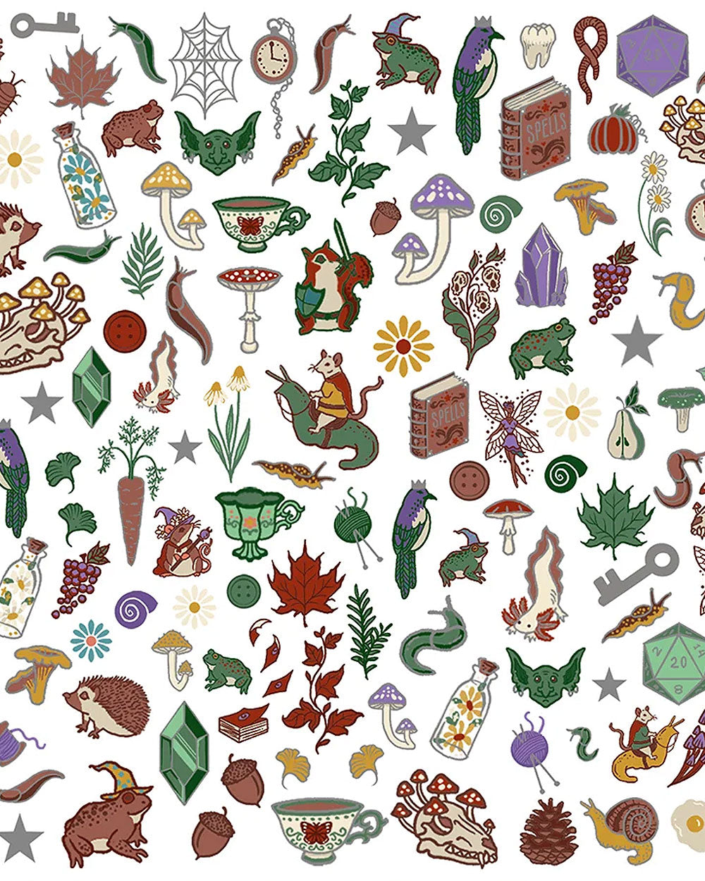 A repeating whimsical illustration pattern featuring woodland and fantasy motifs such as mushrooms, frogs, snakes, leaves, teacups, crystals, stars, and books on a white background.