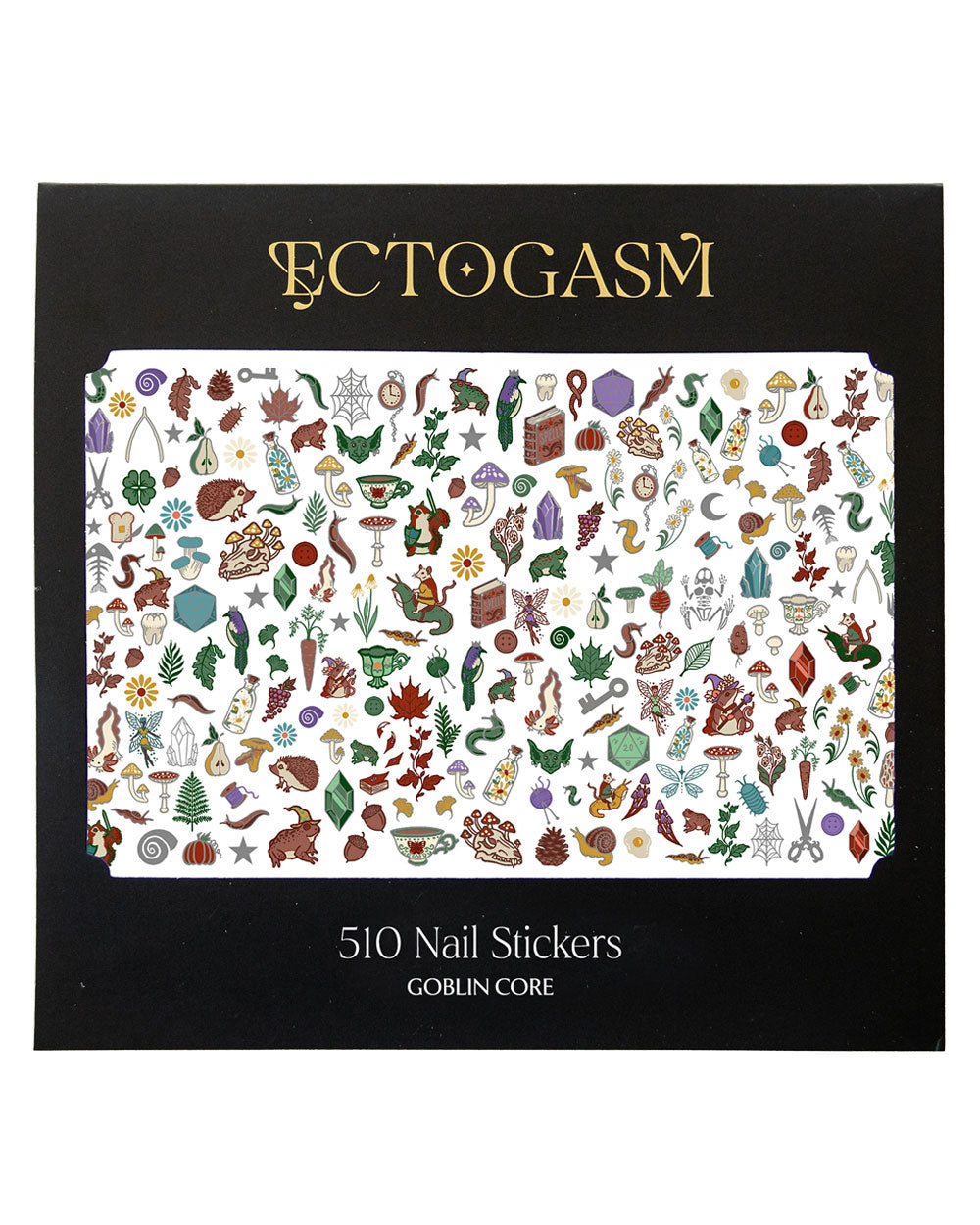 A black retail box for Ectogasm nail stickers, featuring the brand name in gold at the top and '510 Nail Stickers' with 'Goblin Core' at the bottom. The center shows a white panel filled with many small colorful illustrated sticker designs.