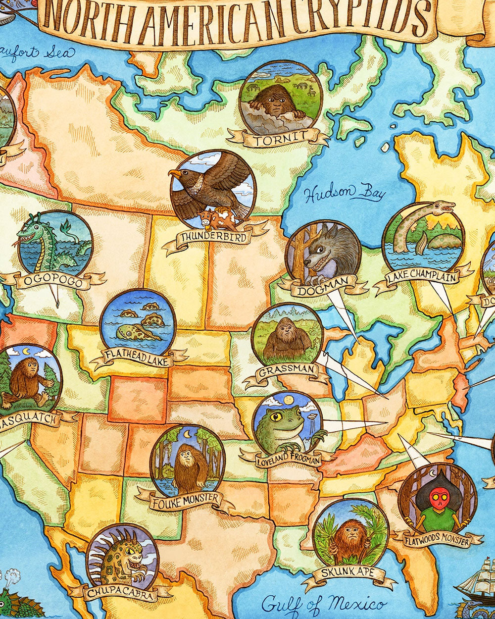 North American Cryptids Map Art Print (8" x 10")-SepiaLepus Illustration-Strange Ways