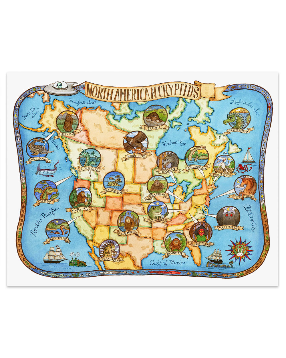 North American Cryptids Map Art Print (8" x 10")-SepiaLepus Illustration-Strange Ways