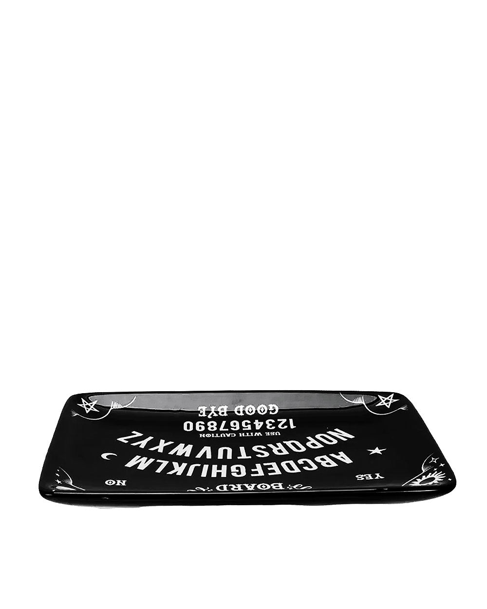 Low side view of the black talking board trinket tray with a shallow raised rim