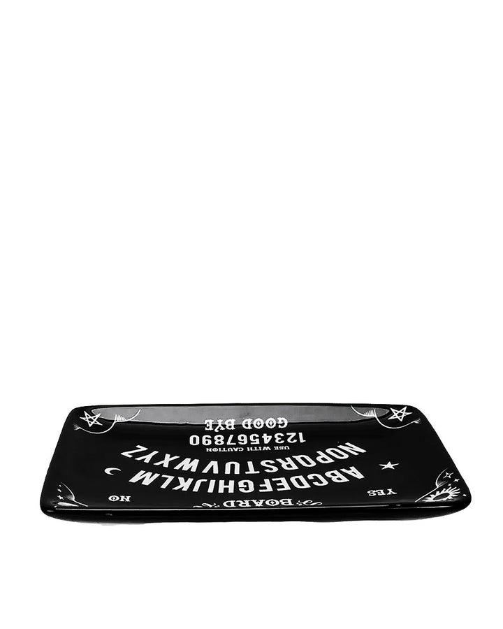 Low side view of the black talking board trinket tray with a shallow raised rim