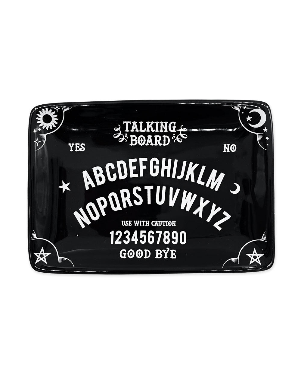 Black rectangular trinket tray printed with a white talking board alphabet, numbers and stars