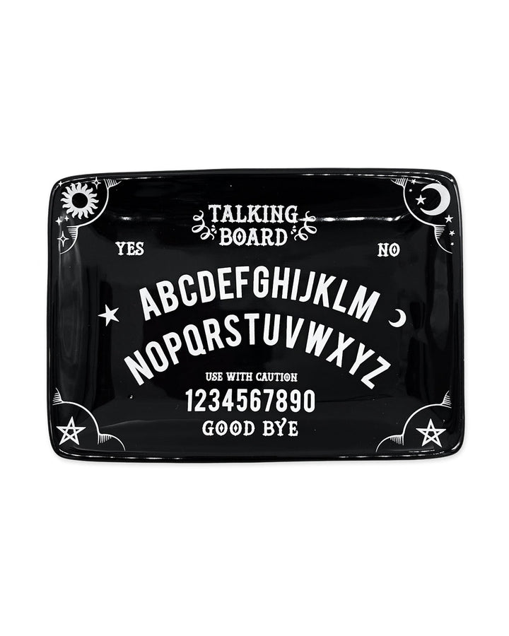 Black rectangular trinket tray printed with a white talking board alphabet, numbers and stars