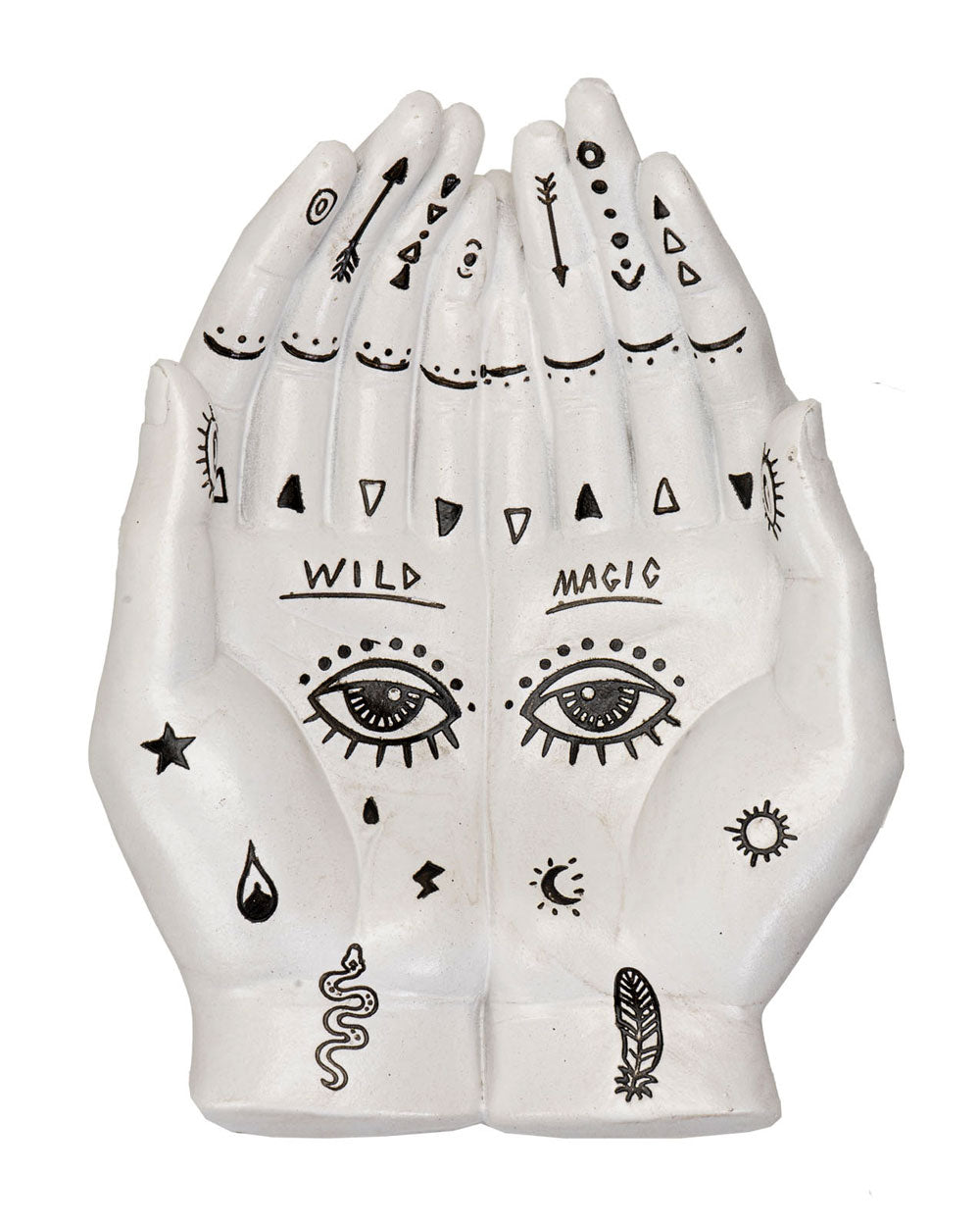 White hand-shaped holder with 'WILD' and 'MAGIC' text and face-eye symbols