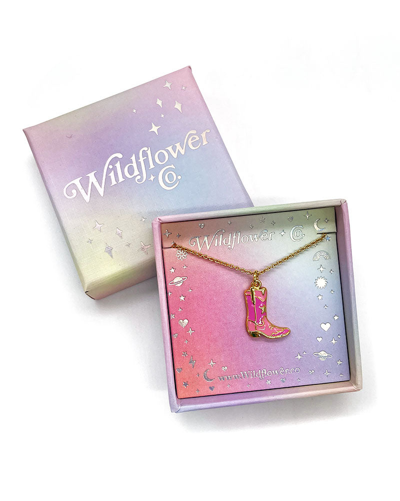 Pashal Cowgirl Boot Pendant Necklace – Rhinestone & Enamel High Heel Charm, Bubble Gum Pink