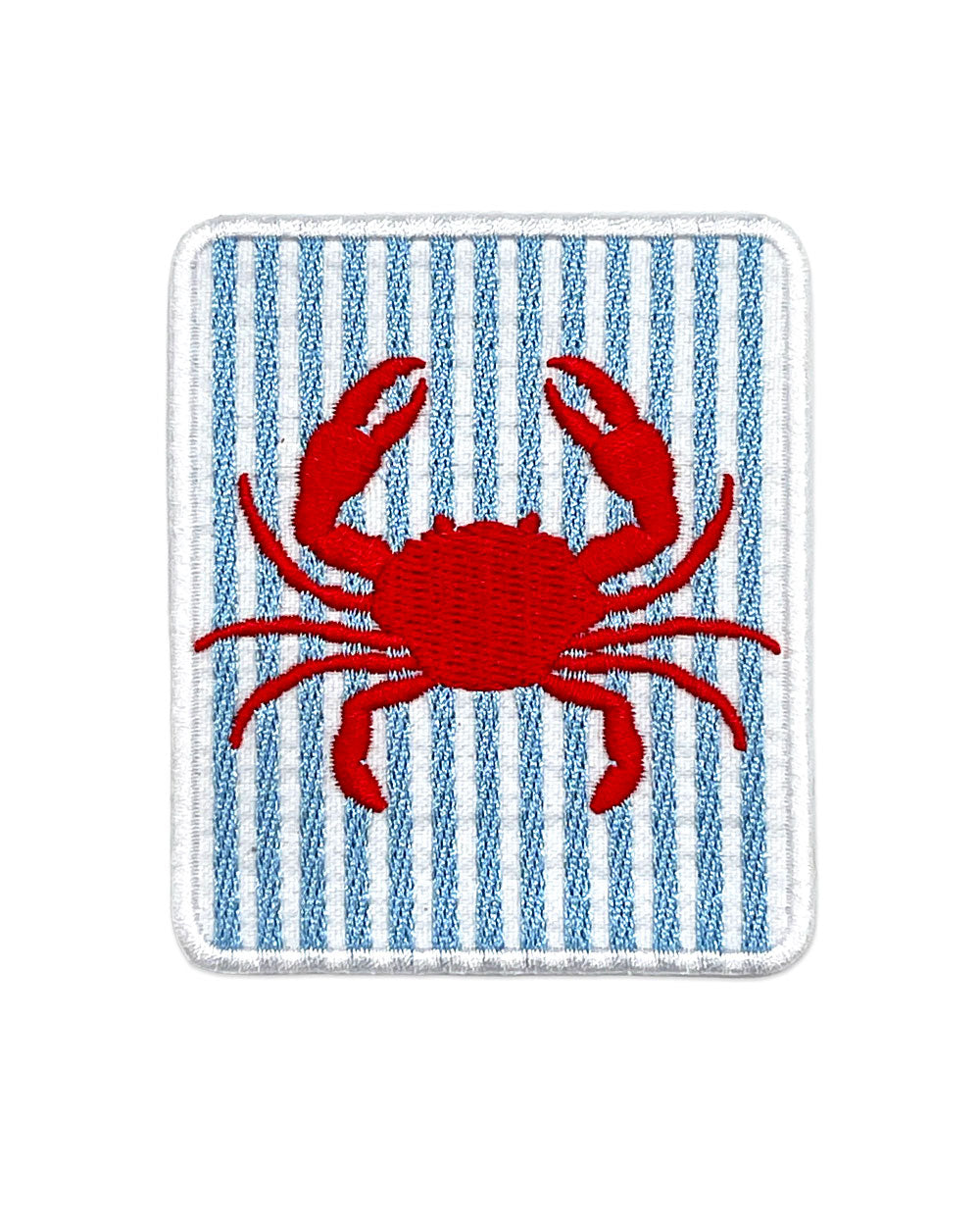 Square red crab patch with light blue vertical stripes and red embroidered crab