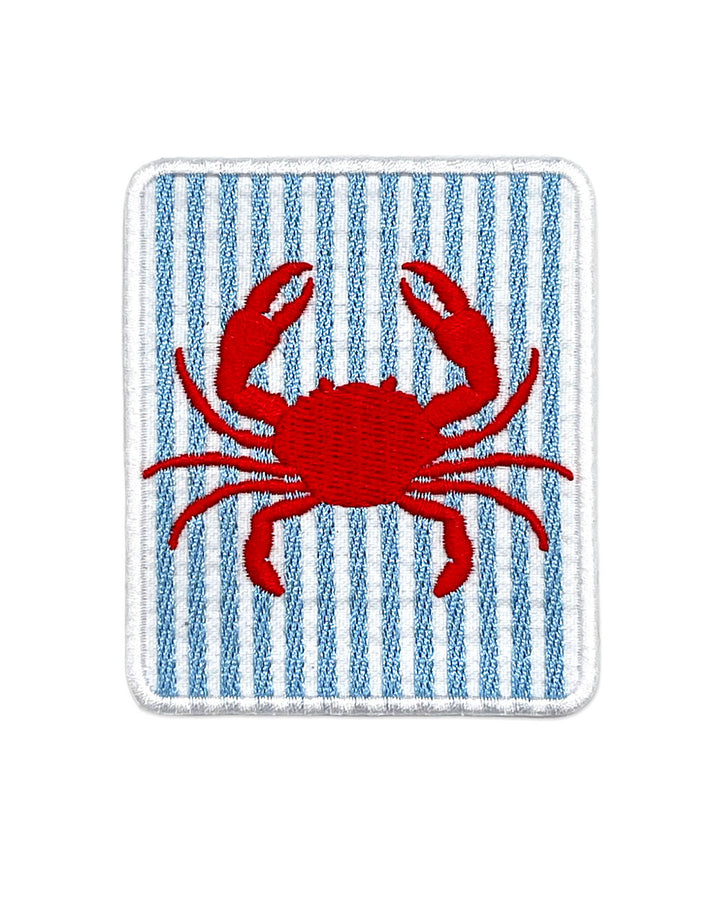 Square red crab patch with light blue vertical stripes and red embroidered crab
