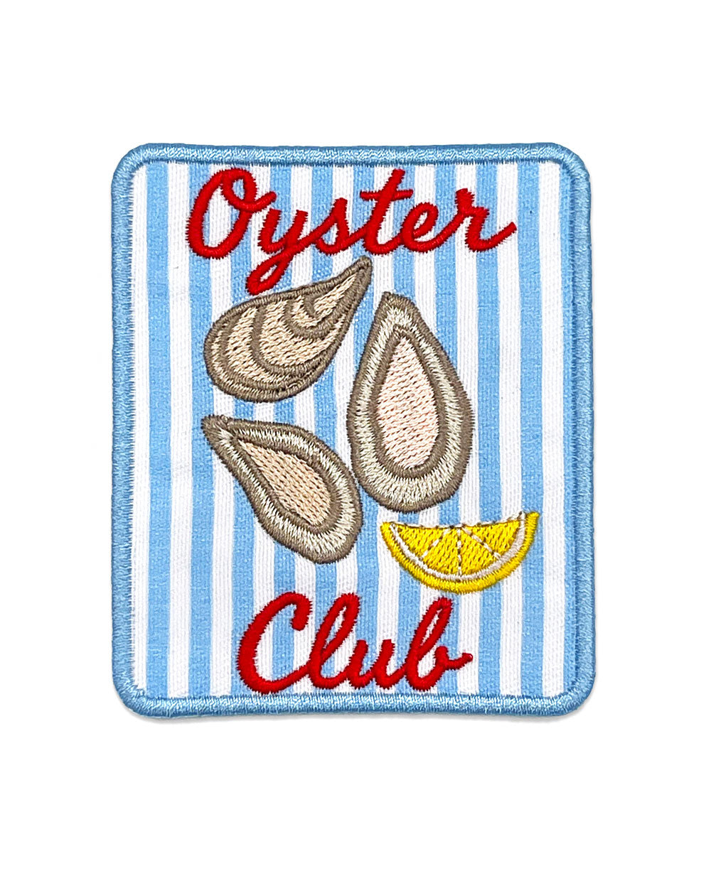 Oyster Club patch: square embroidered design with blue stripes, oysters, banana, and red script