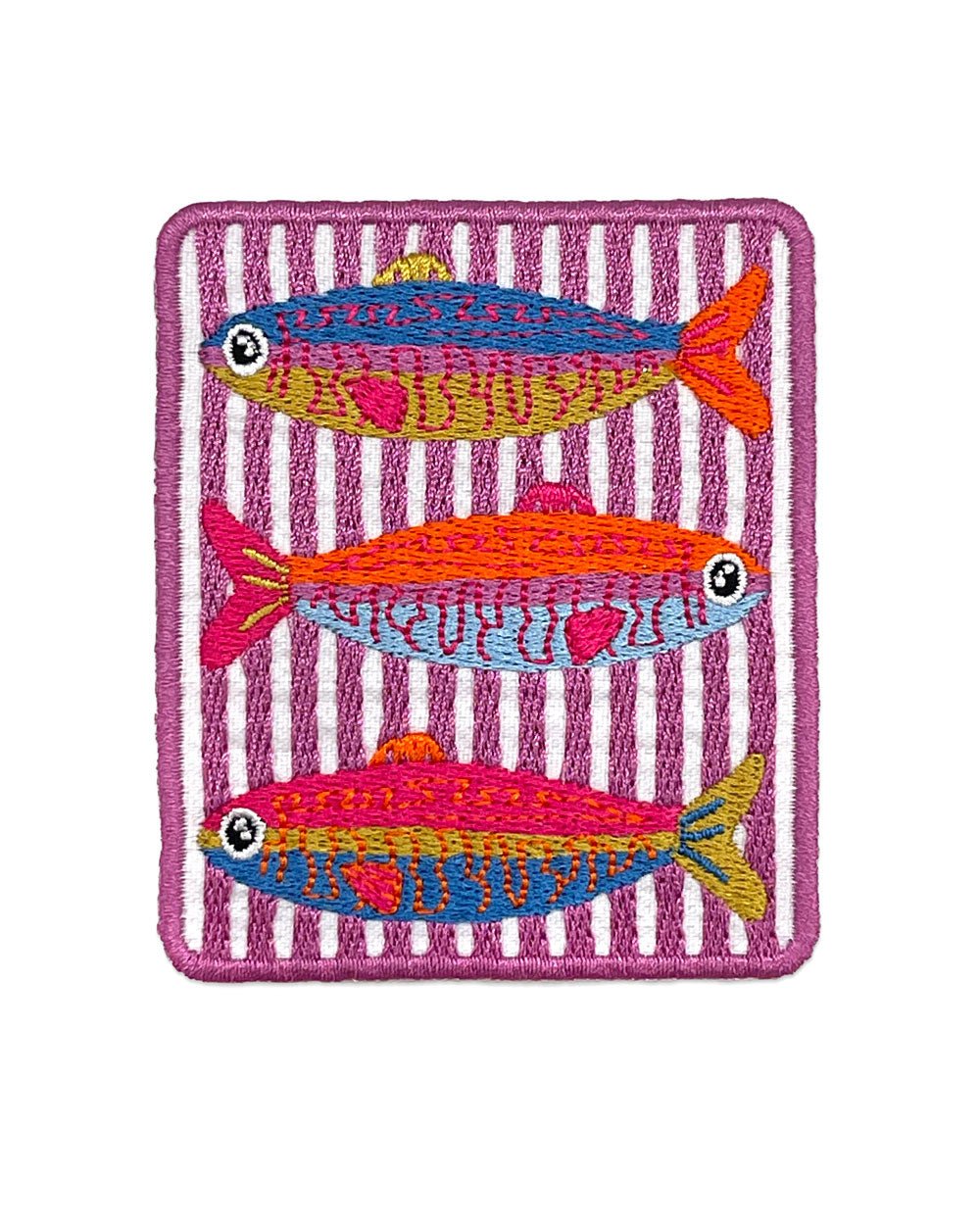 Square embroidered fish patch with three sardines on purple striped fabric backing