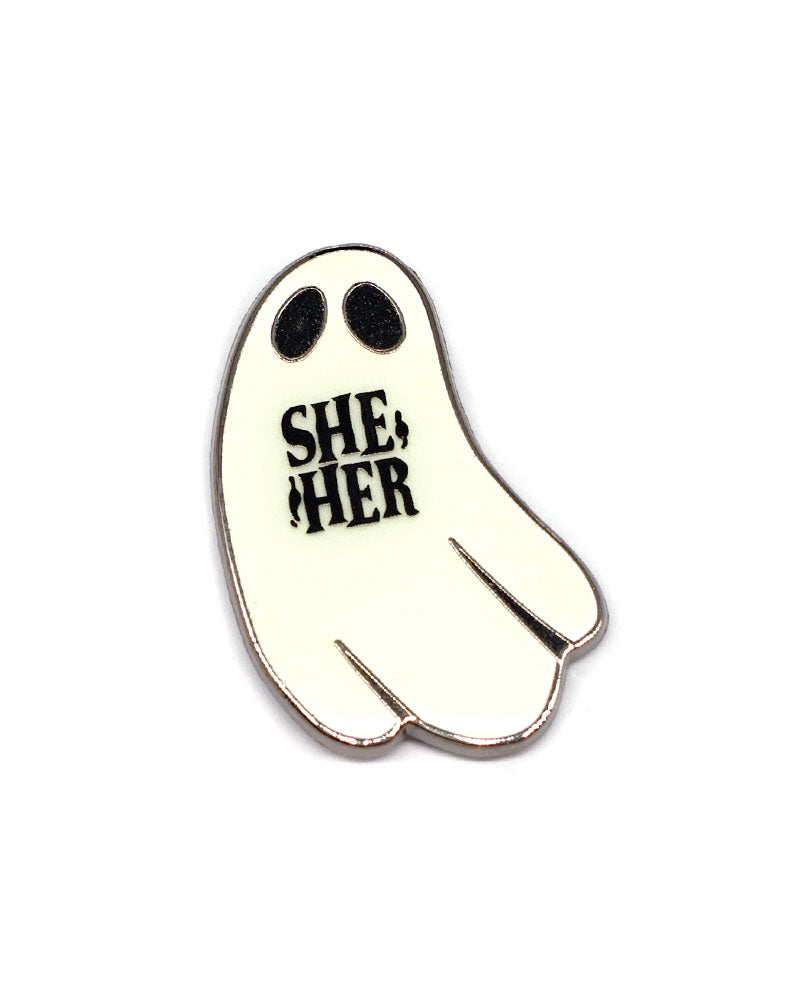 She / Her Ghost Pronoun Pin (Glow-in-the-Dark)-Queerly Departed-Strange Ways