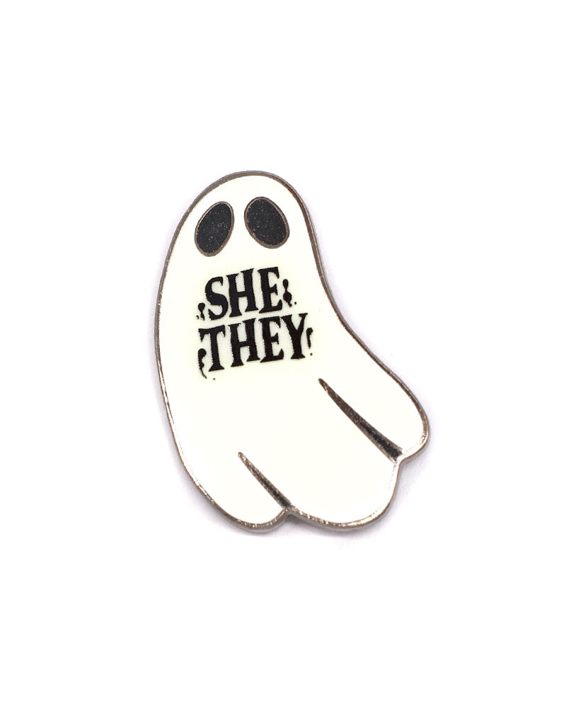 She / They Ghost Pronoun Pin (Glow-in-the-Dark)-Queerly Departed-Strange Ways