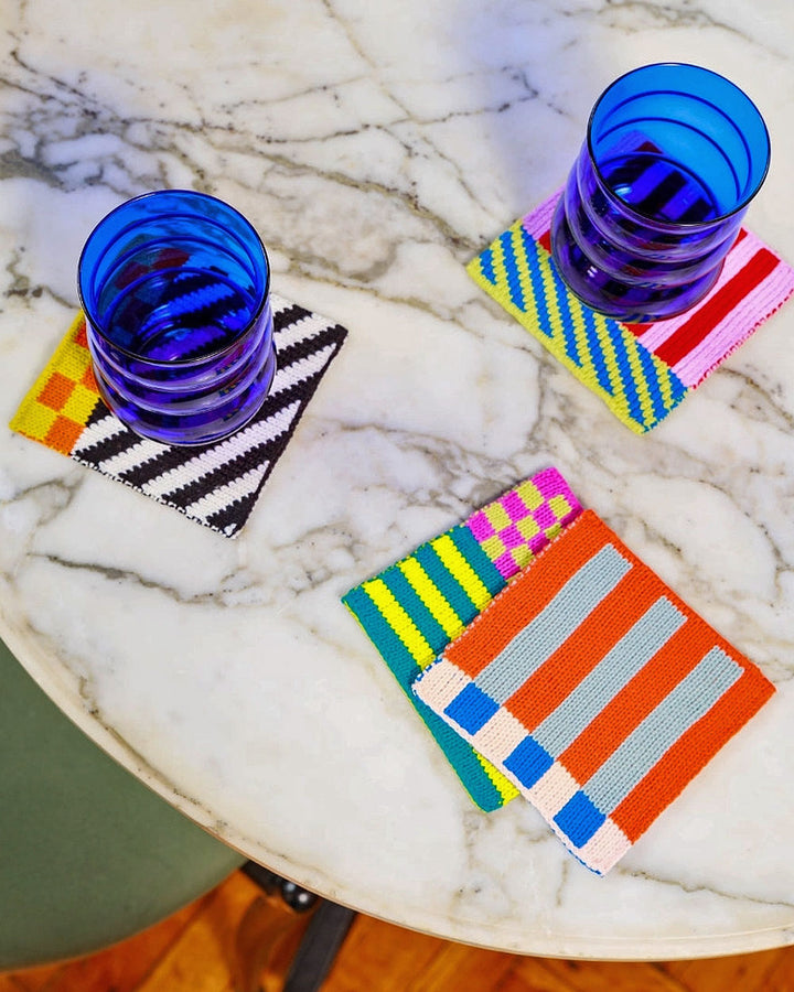Patchwork stripe coasters (set of four), colorful knitted square coasters.