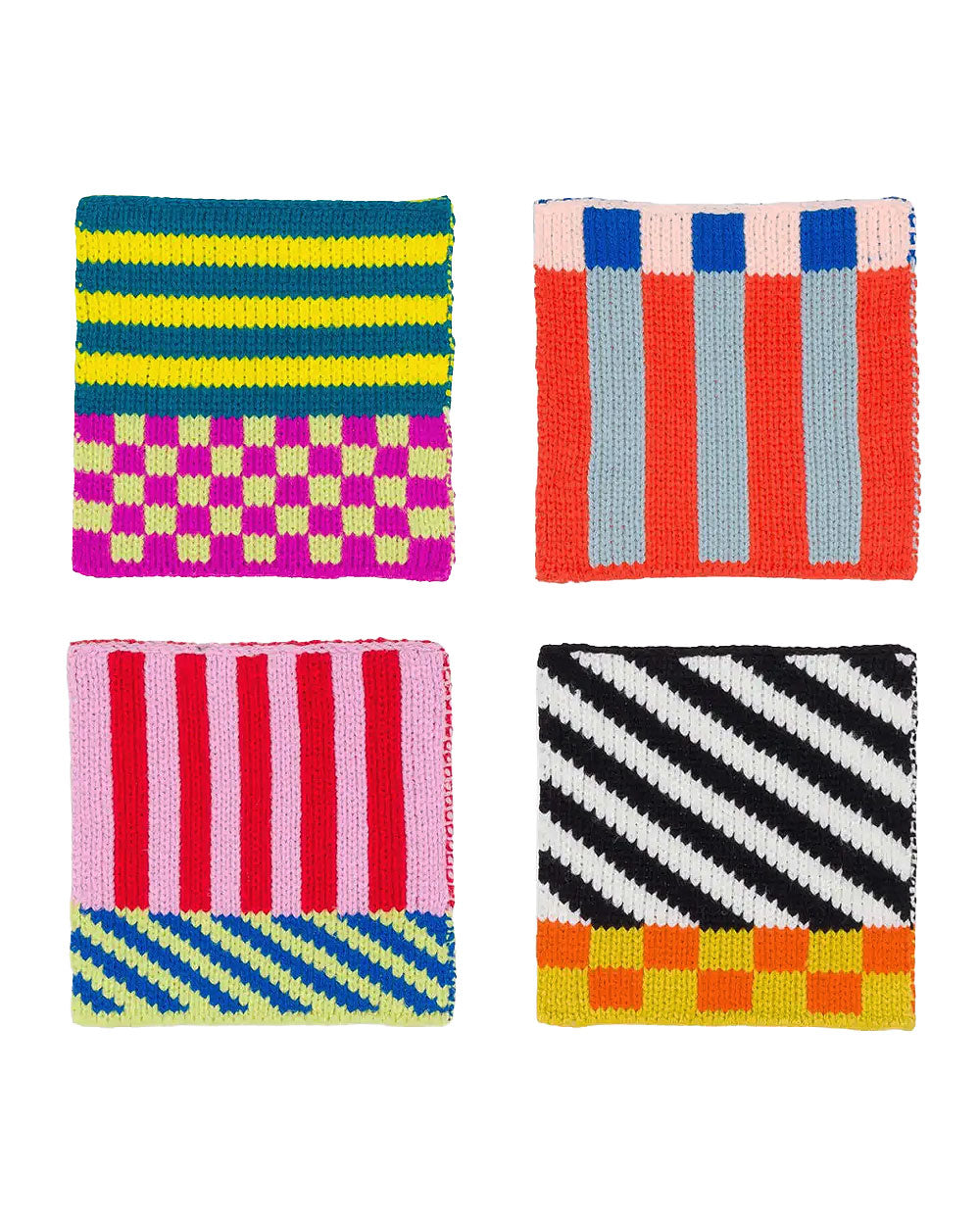 Set of four knitted patchwork coasters with striped and checkered designs in bright colors.