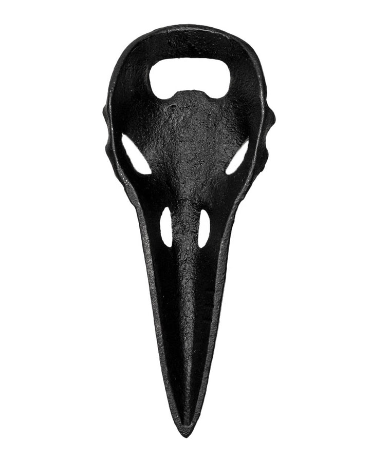 Back of the raven skull bottle opener with a long beak and bottle-opening slot