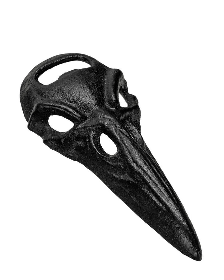 Angled view of the black raven skull opener, showing its long beak and eye openings