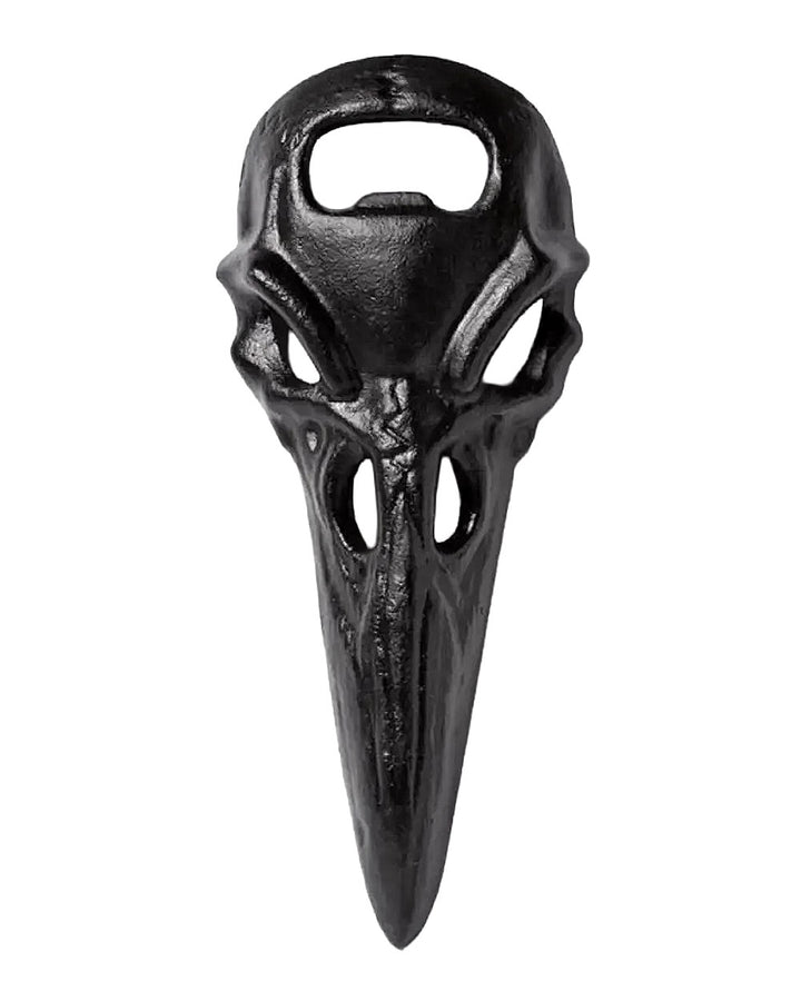 Black raven skull bottle opener with a long beak and cutout eye sockets