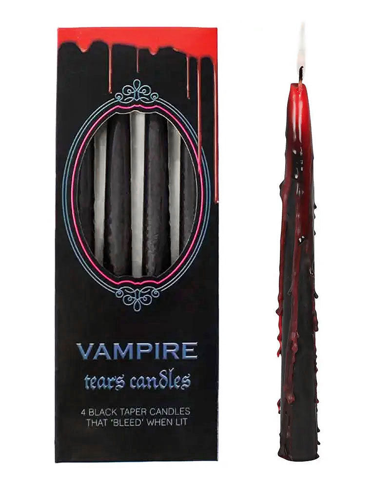 Vampire black taper candle with red drip details, shown with package box