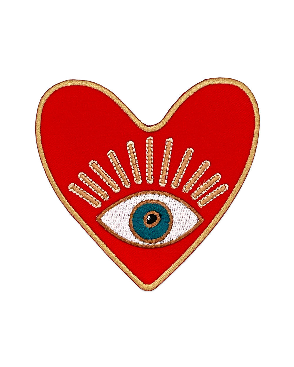 Heart-shaped red embroidered protection patch with gold border and stitched eye detail