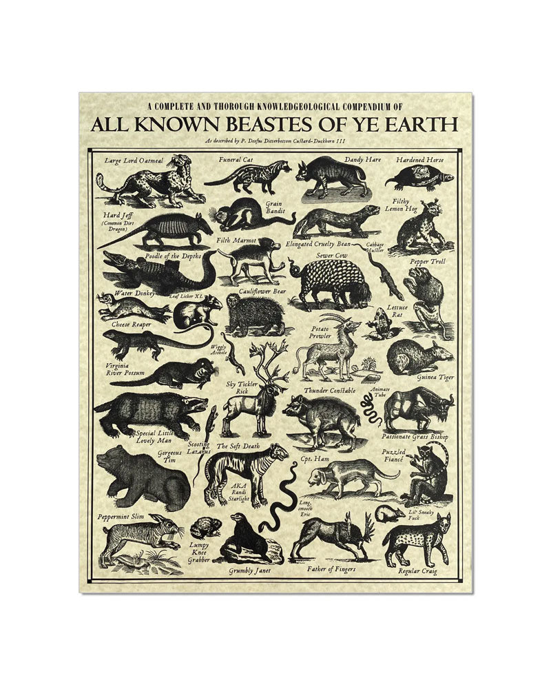 All Known Beastes Of Ye Earth Risograph Art Print (11" x 14")-Arcane Bullshit-Strange Ways