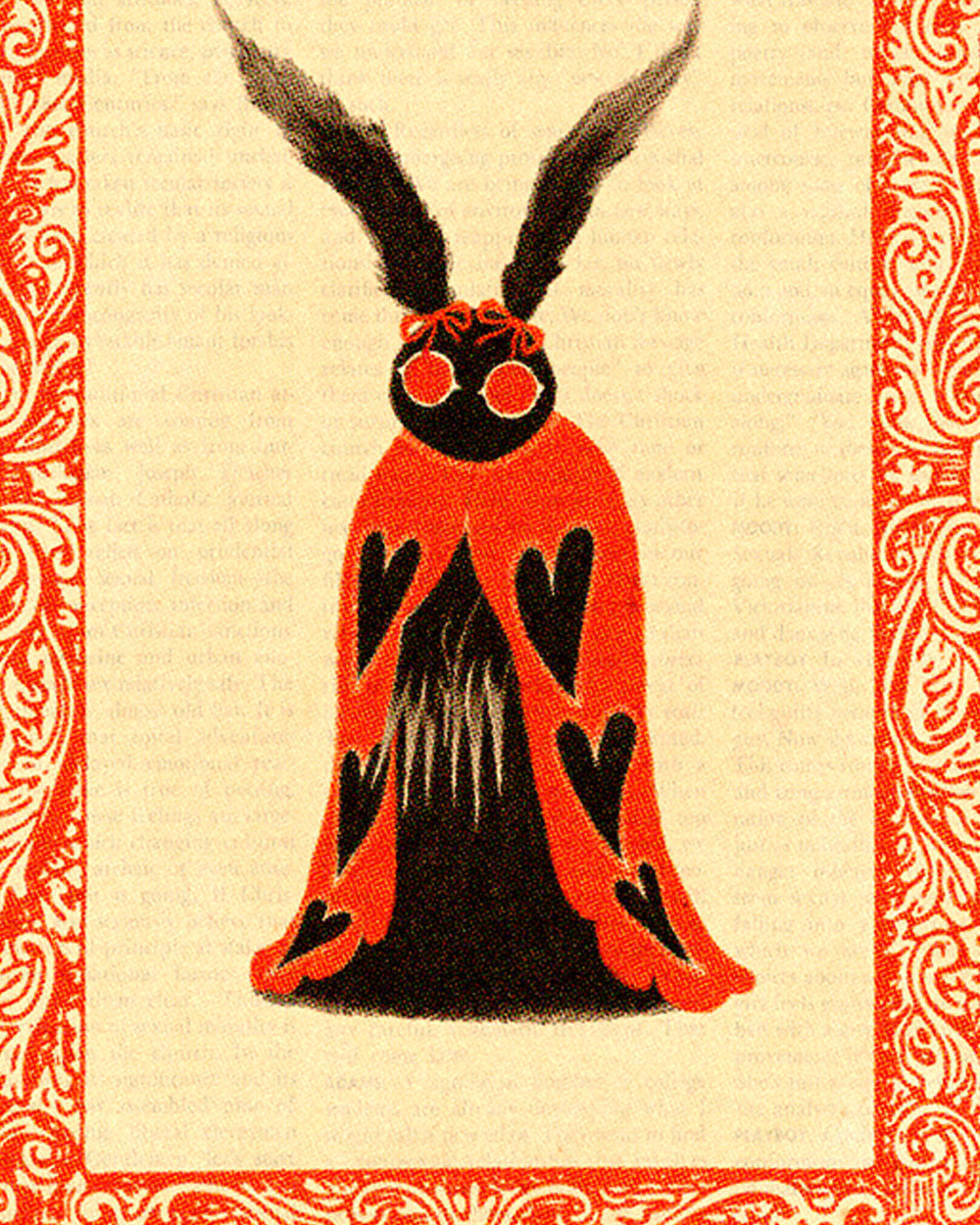 5x7 romantic mothman art print with orange-and-black figure and red heart motif