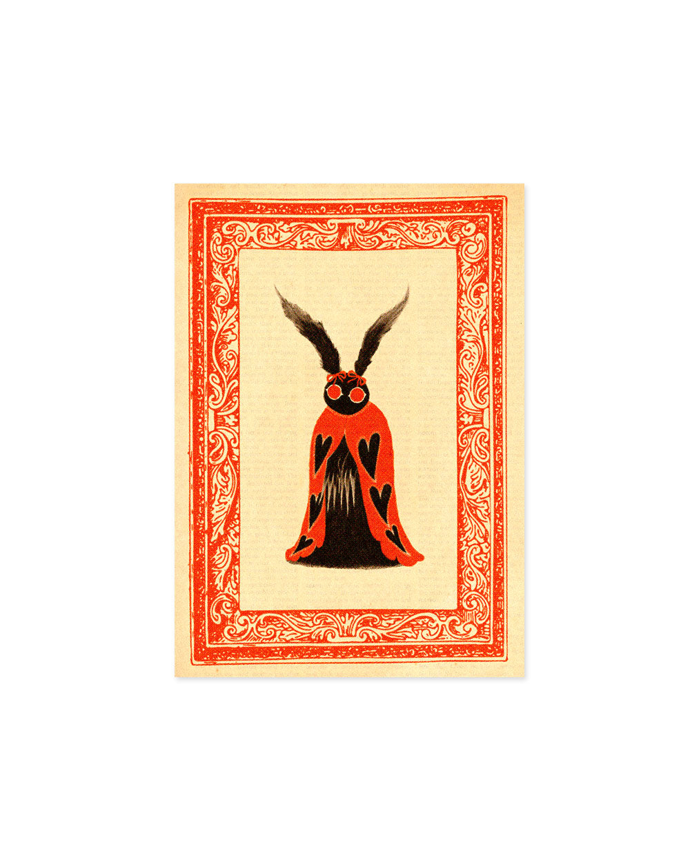 5x7 framed mothman art print with red ornate border and orange-black standing figure