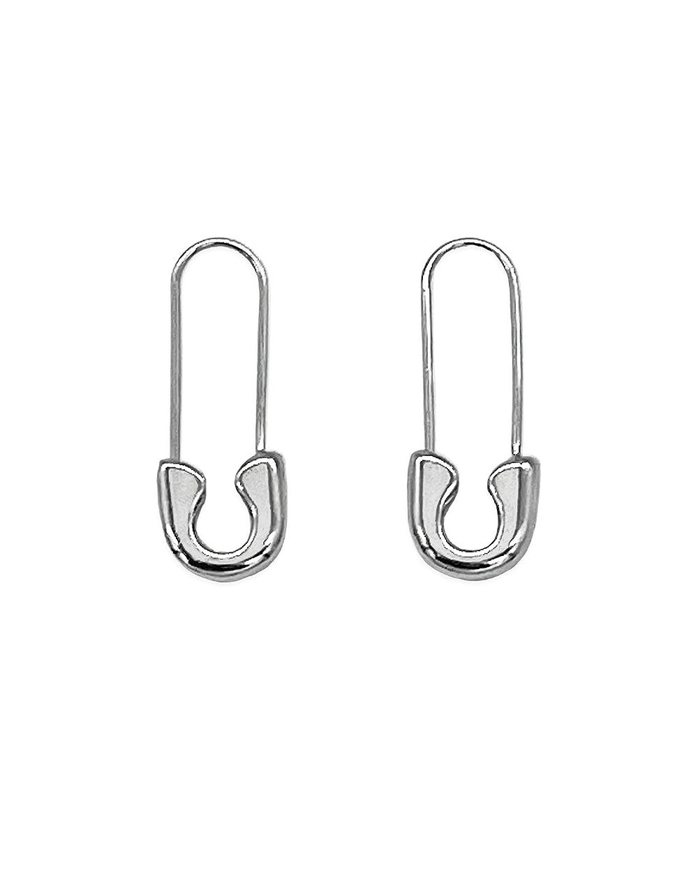 Silver safety pin drop earrings, open pin shape with hook backs