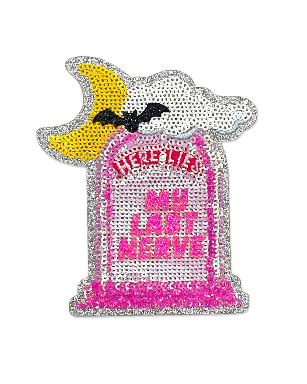 Pink and silver sequin tombstone patch with yellow and black wing details, full text