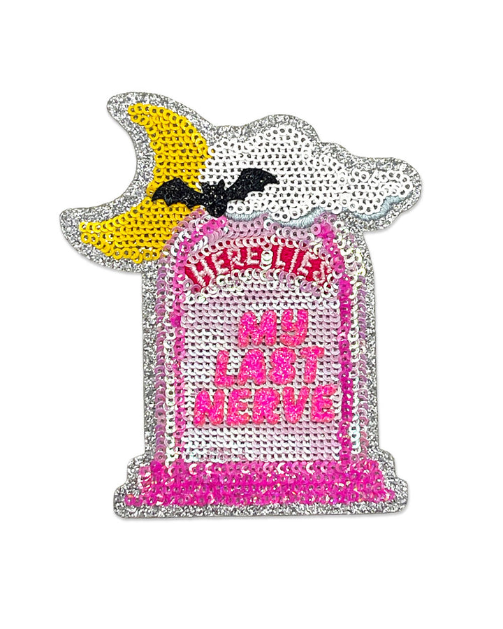 Pink and silver sequin tombstone patch with yellow and black wing details, full text