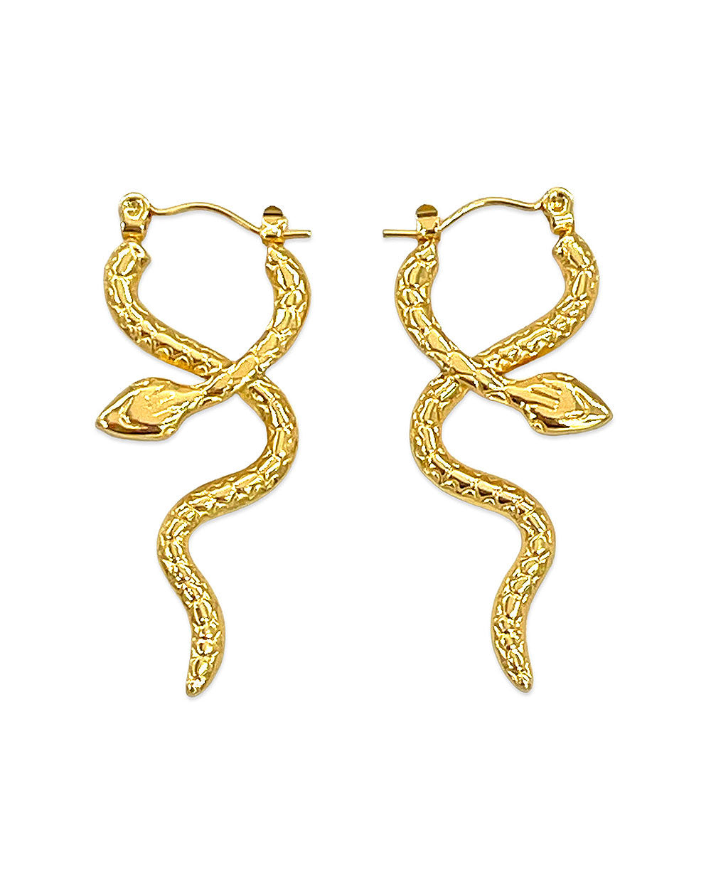 Gold serpent coil hoop earrings with dangling leaf accents