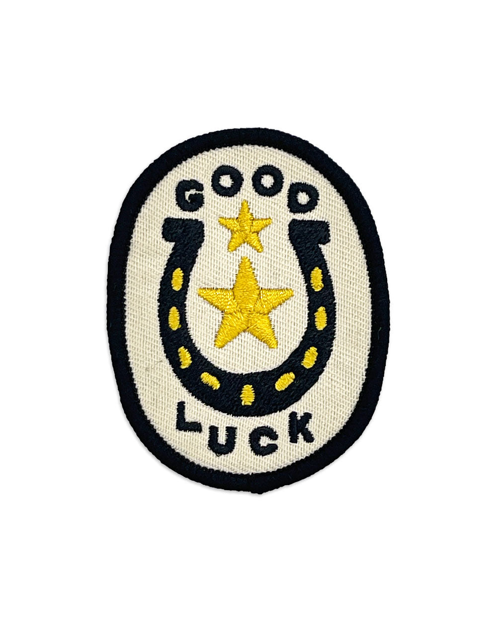 Round embroidered patch with yellow stars and horseshoe, black border and stitched edges