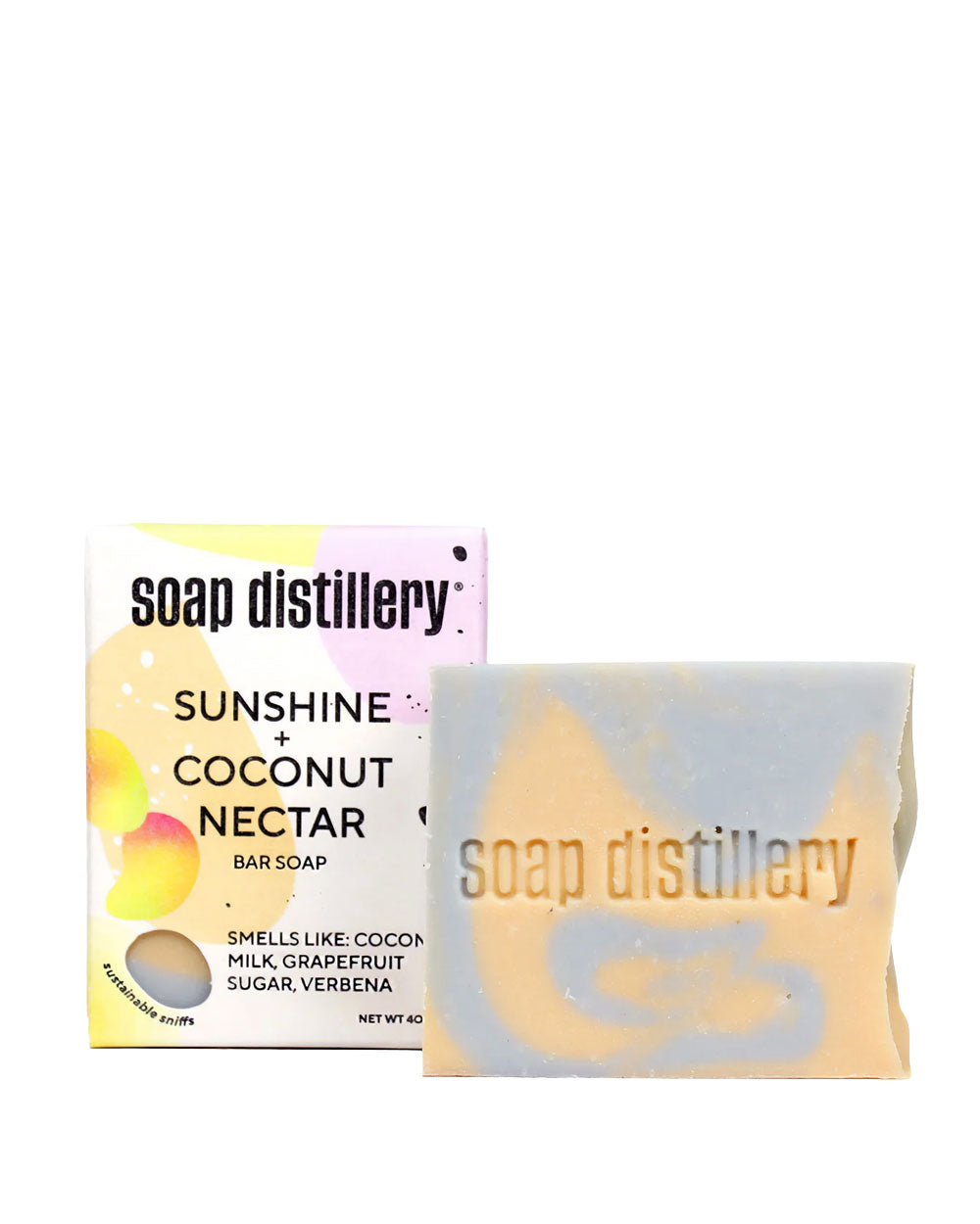 Sunshine coconut nectar bar soap, light yellow bar with branded soap box