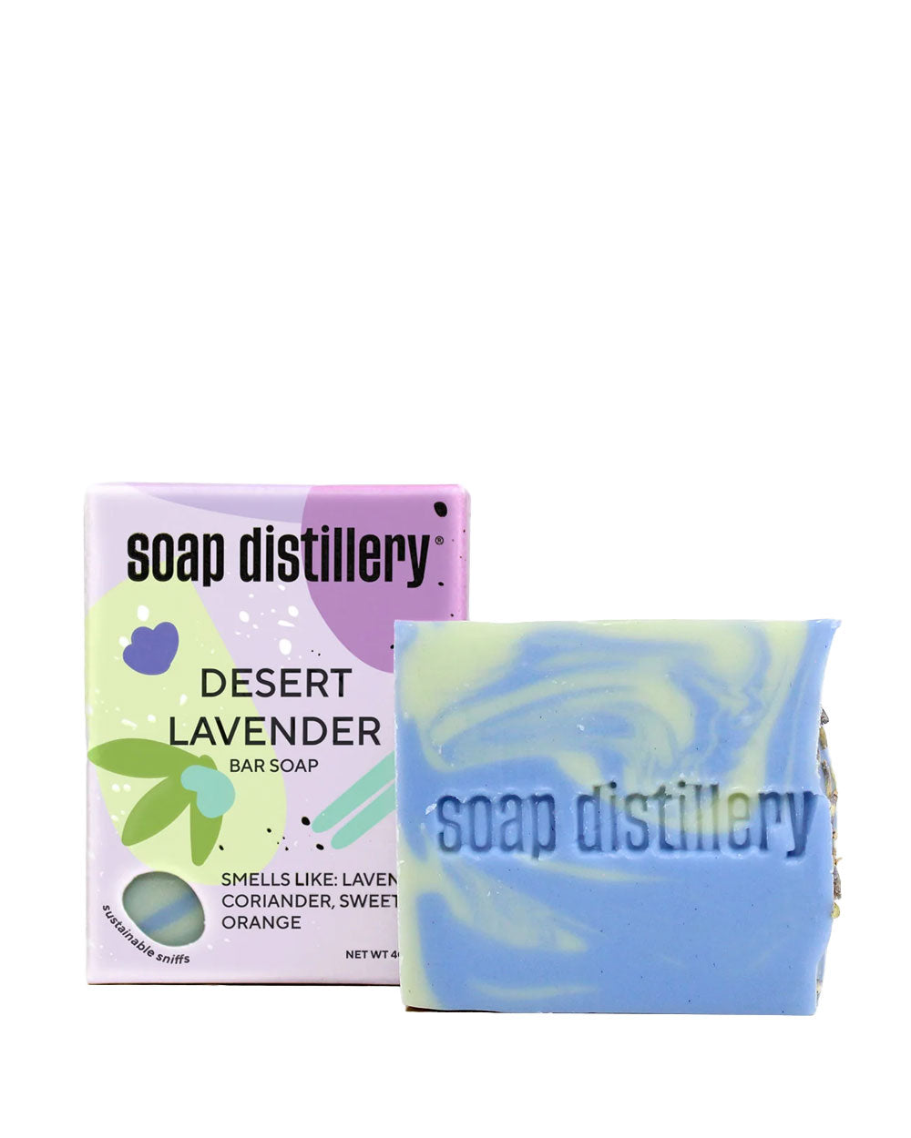 Lavender bar soap with Soap Distillery branding and desert lavender label