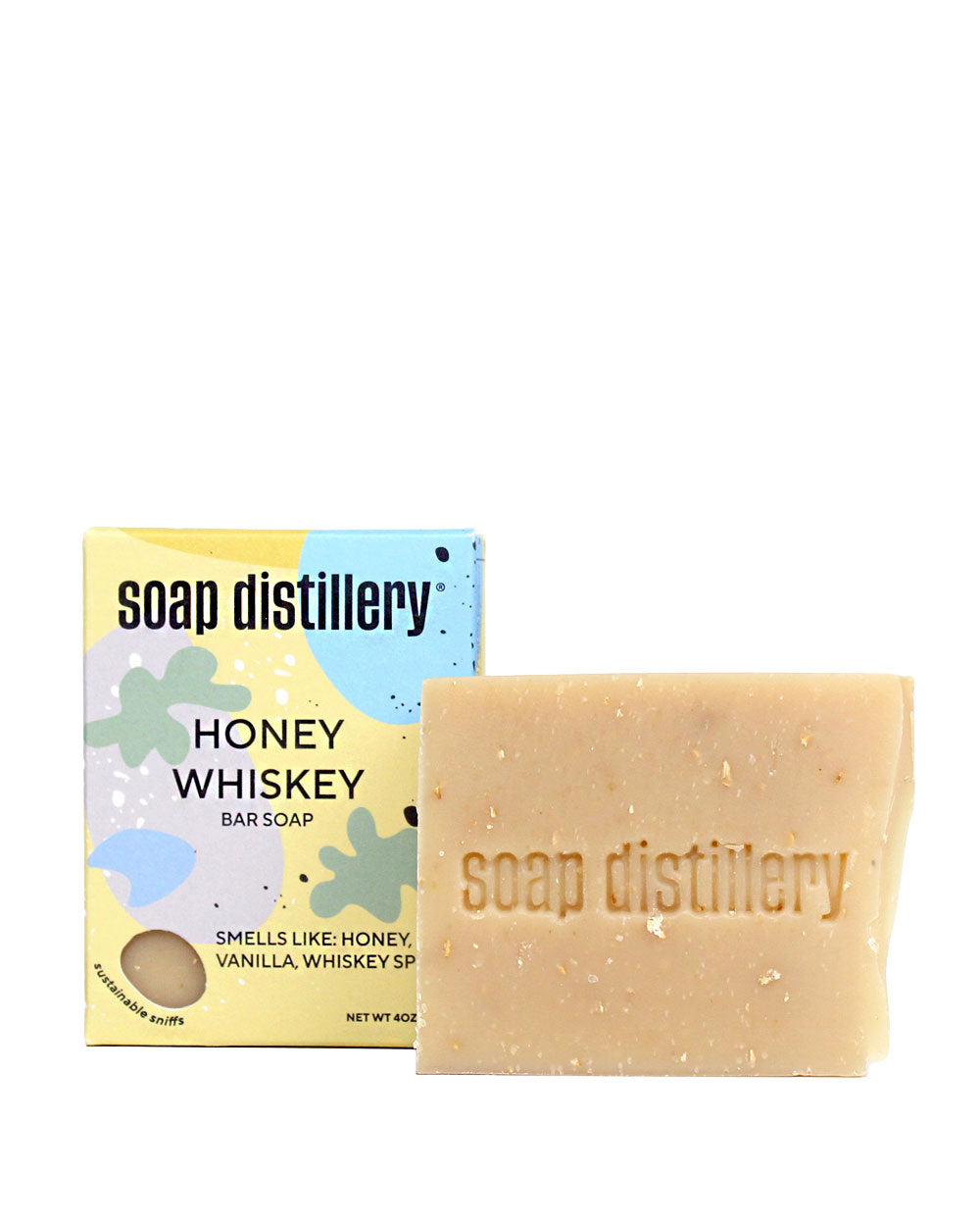 Soap distillery Honey Whiskey bar soap box with tan bar soap, embossed