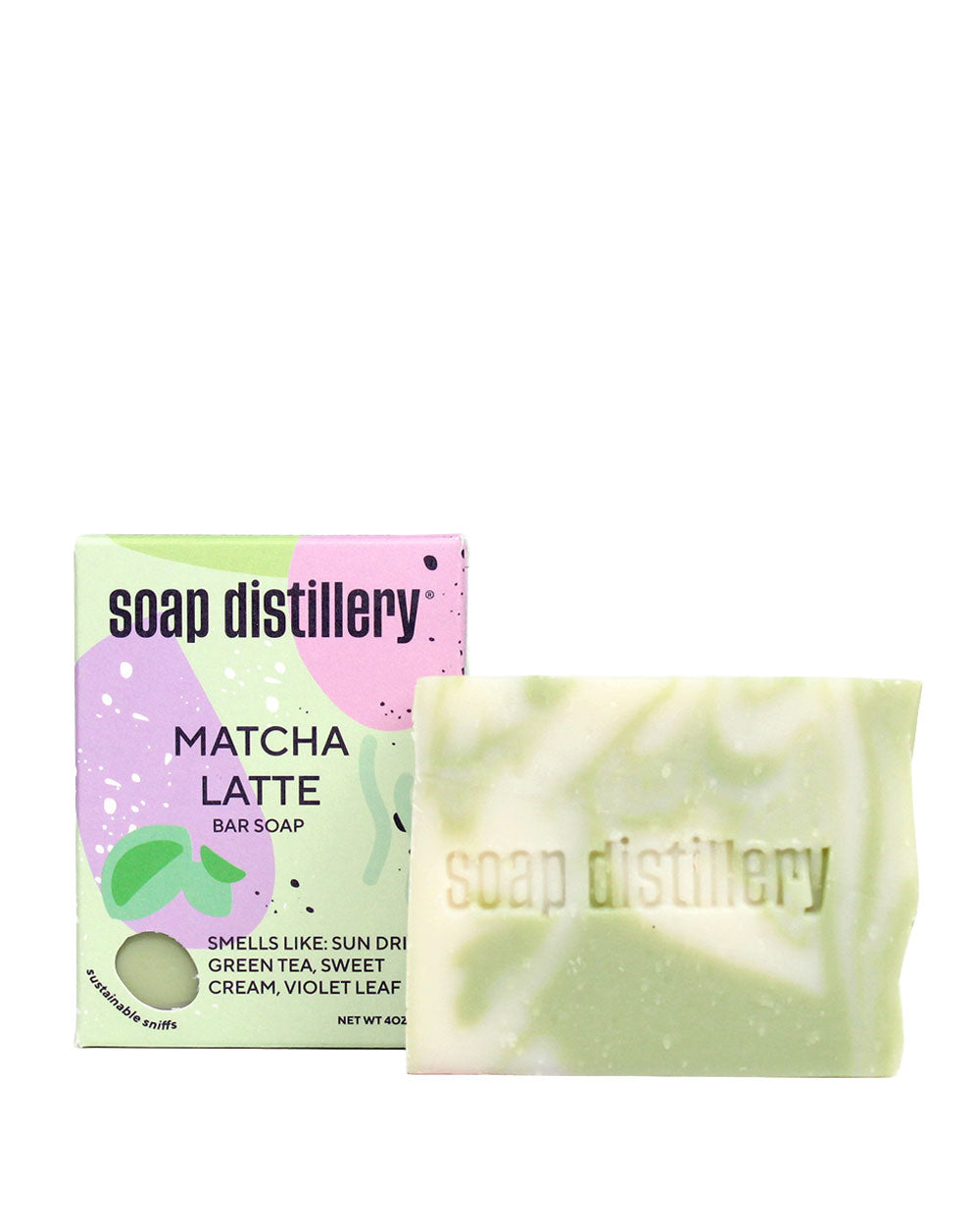Soap distillery Matcha Latte bar soap, pale green bar with box behind