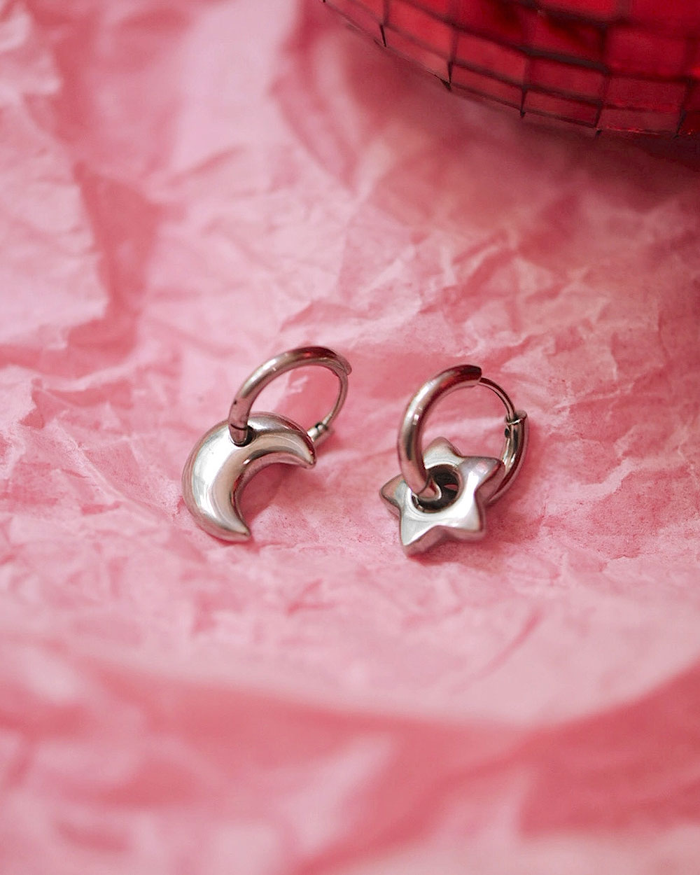 Silver-tone crescent moon charm hoop earrings, open-circle design
