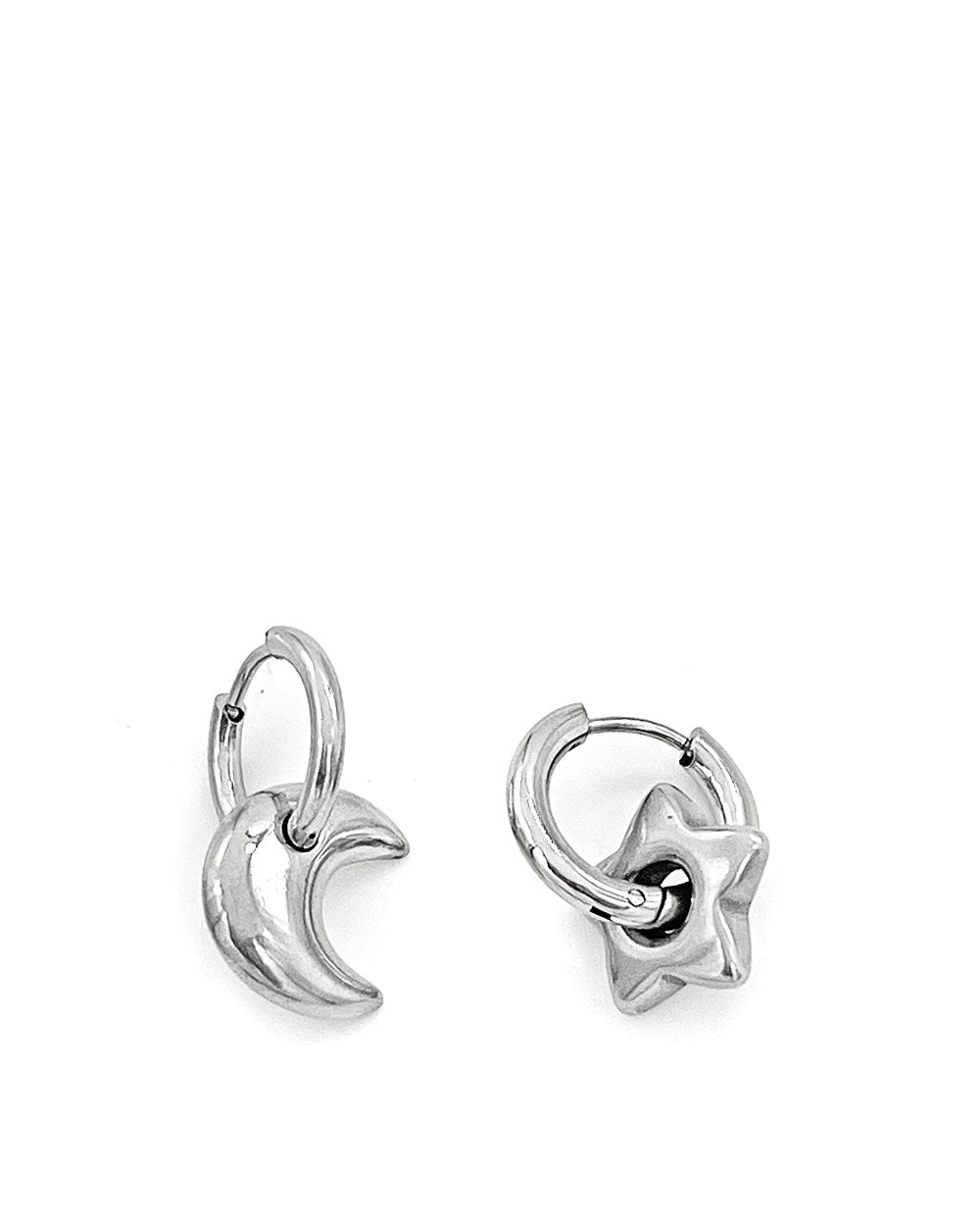 Silver-tone crescent moon charm hoop earrings with hinged closure