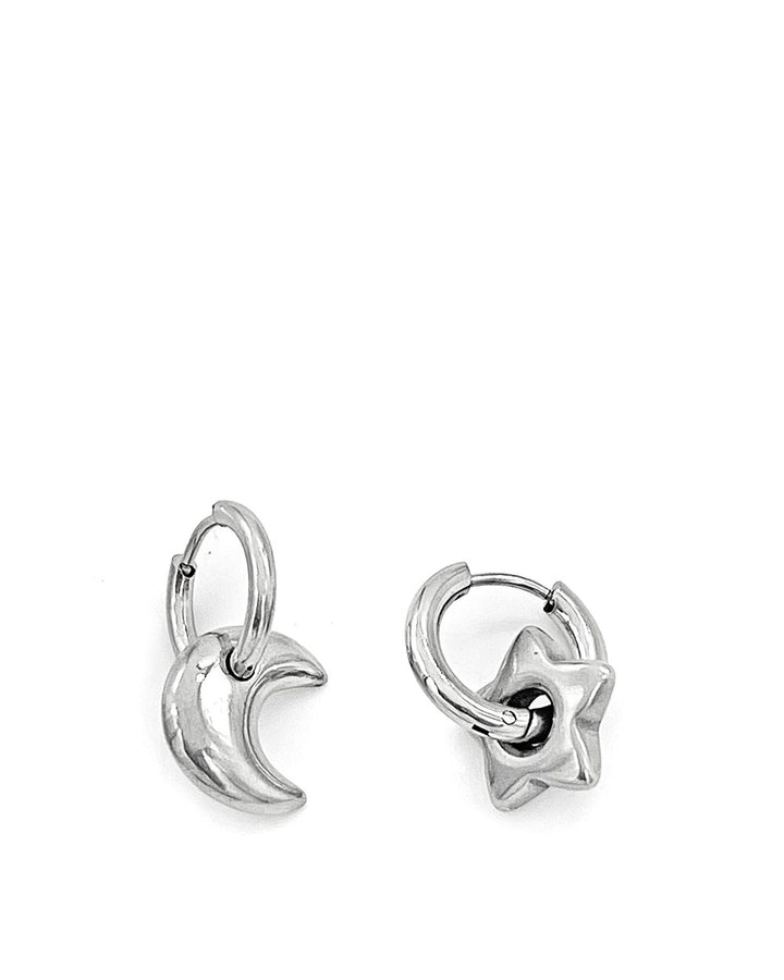 Silver-tone crescent moon charm hoop earrings with hinged closure