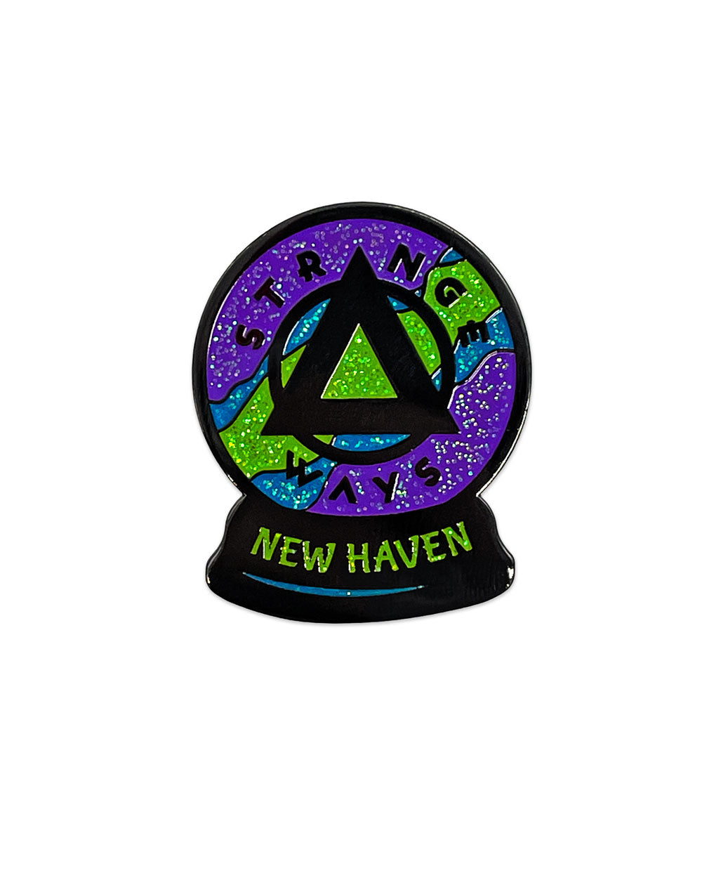 New Haven crystal ball lapel pin, round purple and green design on black